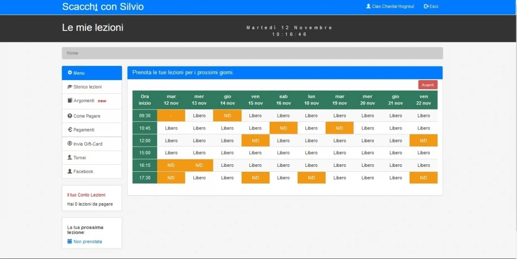 schermata da Tablet o PC della pagina del calendario per prenotazione lezioni