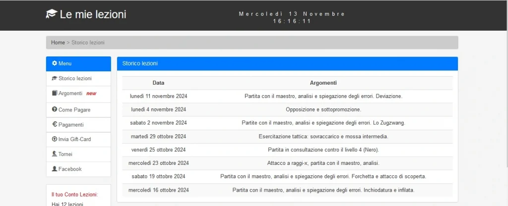 schermata da Tablet o PC della pagina dello storico delle lezioni